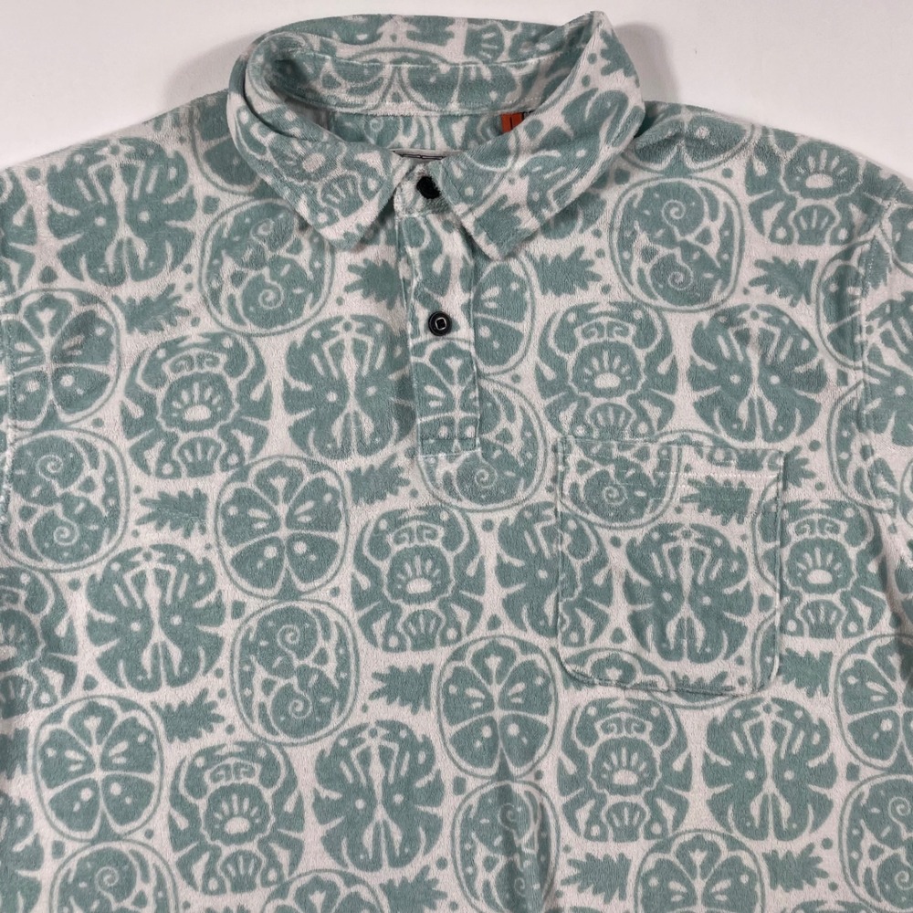 Howler Brothers Polo Shirt Mens Large Terry Cloth Medallion Print Seafoam Green